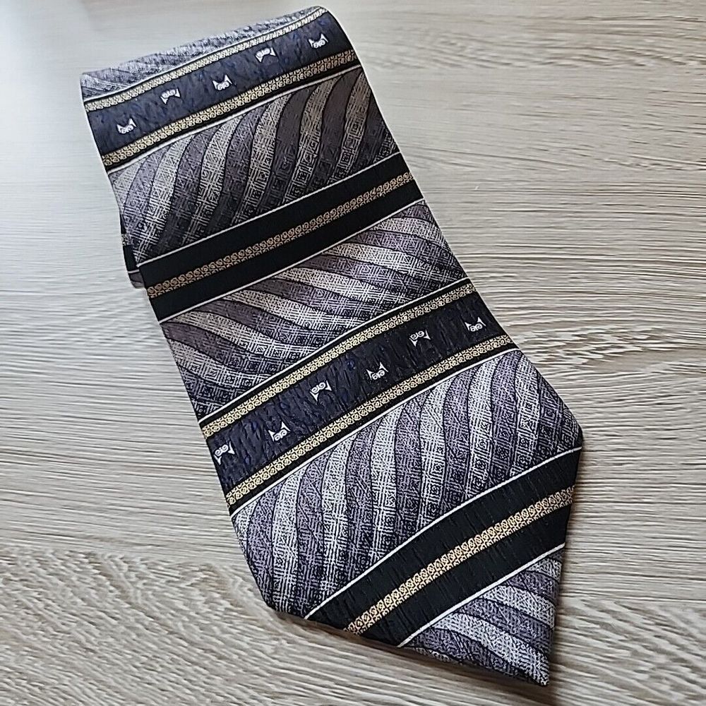 Picone Silk Neck Tie 100% Silk‎ Owl Face Grey Blue Gold 4 Inch 56 Inch USA MADE